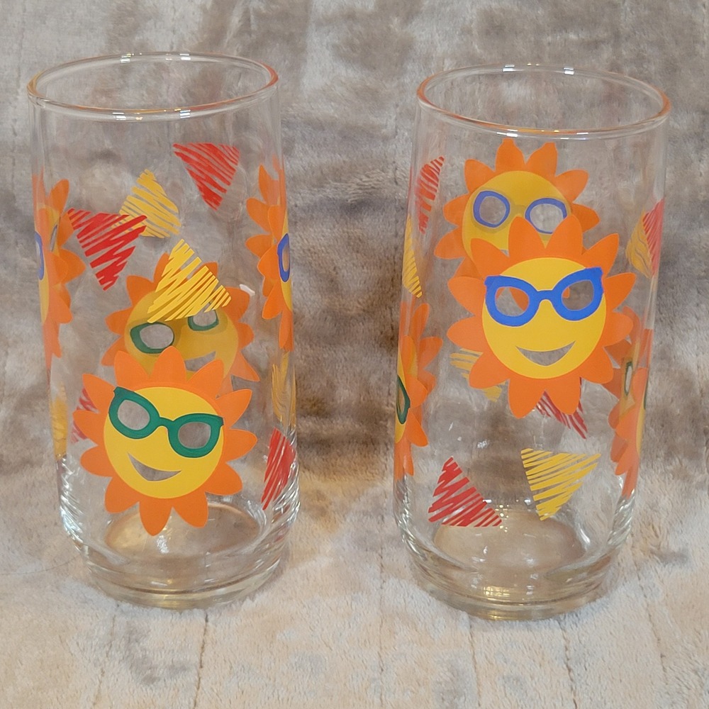 Libbey Tropical Sun Tumblers Set of 2 Retro Drinking Glasses Clear 5.5in 90s VTG